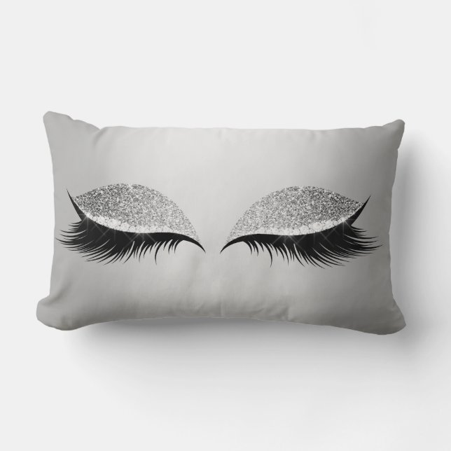 Cojín Lumbar Purpurina Gris Plata Black Eyes Glam Makeup Lashes (Anverso)