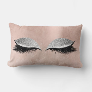 Cojín Lumbar Purpurina gris plateado Glam negro maquillaje rosa