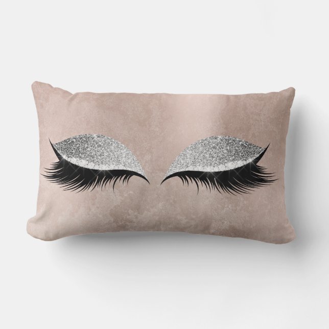 Cojín Lumbar Purpurina gris plateado Glam negro maquillaje rosa (Anverso)