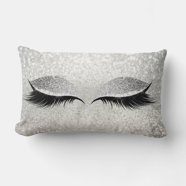 Cojín Lumbar Purpurina gris plateado Glam negro maquillar (Anverso)