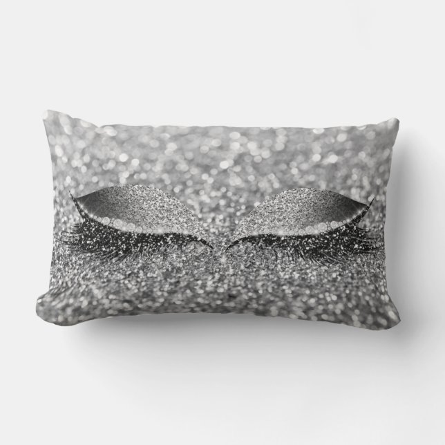 Cojín Lumbar Purpurina gris plateado Lash Glam Makeup Monocromá (Anverso)