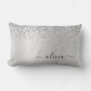 Cojín Lumbar Purpurina Plata Monograma Lujo Girly