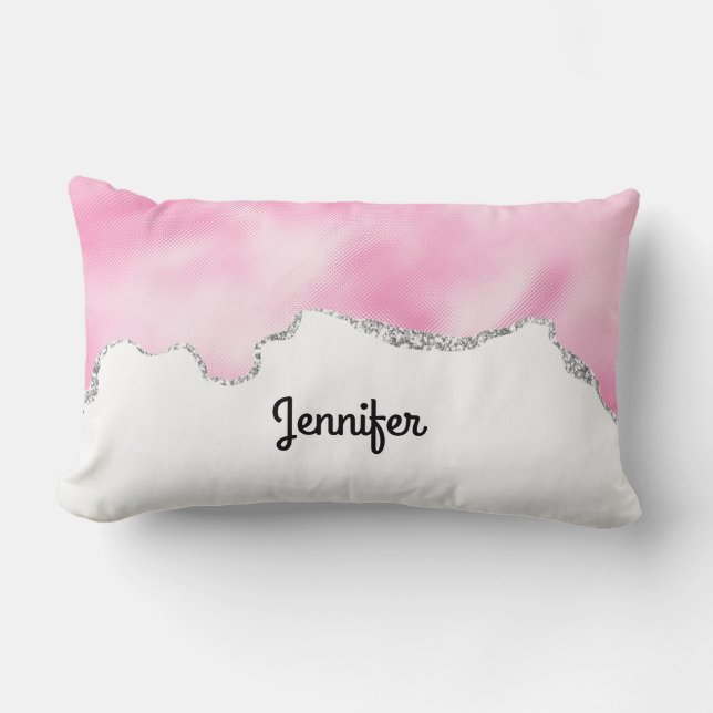 Cojín Lumbar Purpurina Rosa y Plata Faux Borde elegante (Anverso)
