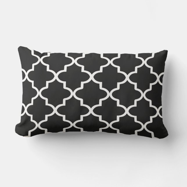 Cojín Lumbar Quatrefoil marroquí blanco y negro moderno (Anverso)