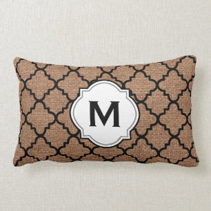 Cojín Lumbar Quatrefoil negro en la arpillera rústica - moda