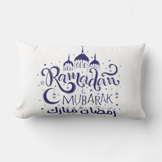 Cojín Lumbar Ramadán Mubarak Pillow BLueNoche Luna Luz de almoh (Anverso)