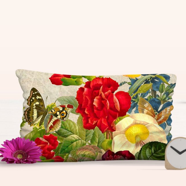 Cojín Lumbar Ramo de rosas florales vintage mariposas (Vintage Floral Rose Bouquet Butterflies Lumbar Pillow)
