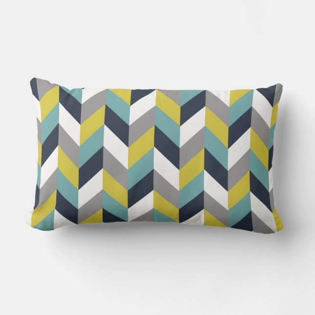 Cojín Lumbar Raspa de arenque azulverde gris amarilla Chevron (Anverso)