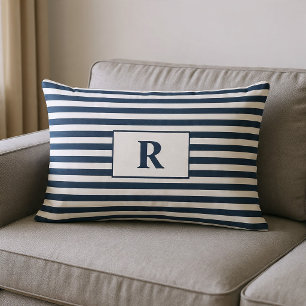 Cojín Lumbar Rayas Azules y Blancas Monogramadas