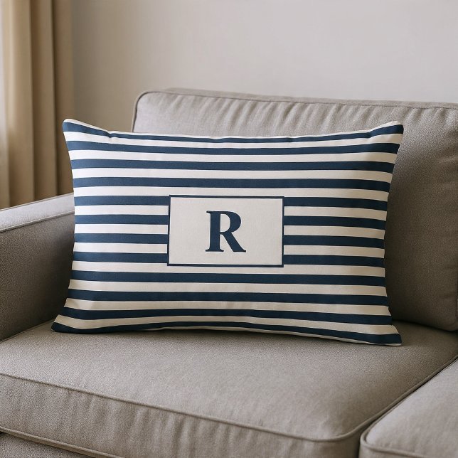 Cojín Lumbar Rayas Azules y Blancas Monogramadas (Subido por el creador)