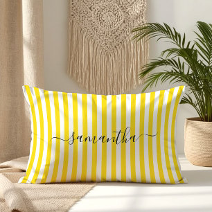 Cojín Lumbar Rayas de Alfiler Amarillo Dorado y Blanco Firma