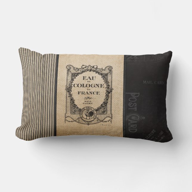 Cojín Lumbar Rayas negras francesas de la arpillera de Colonia (Anverso)