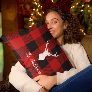 Cojín Lumbar Red Buffalo Plaid & Deer   Entrega de nombre perso