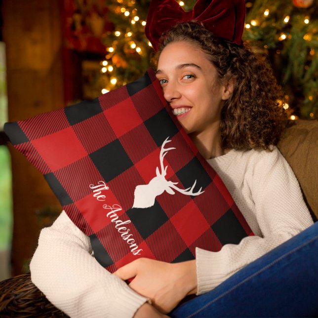 Cojín Lumbar Red Buffalo Plaid & Deer | Entrega de nombre perso (Subido por el creador)