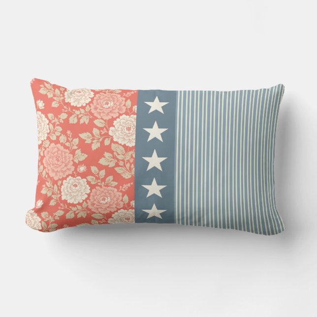 Cojín Lumbar Red White Blue Stripe Block Print Stars (Anverso)