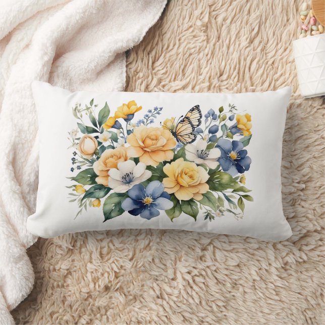 Cojín Lumbar Regalo de Acuarela de Mariposa Floral Azul Blanco  (Manta)