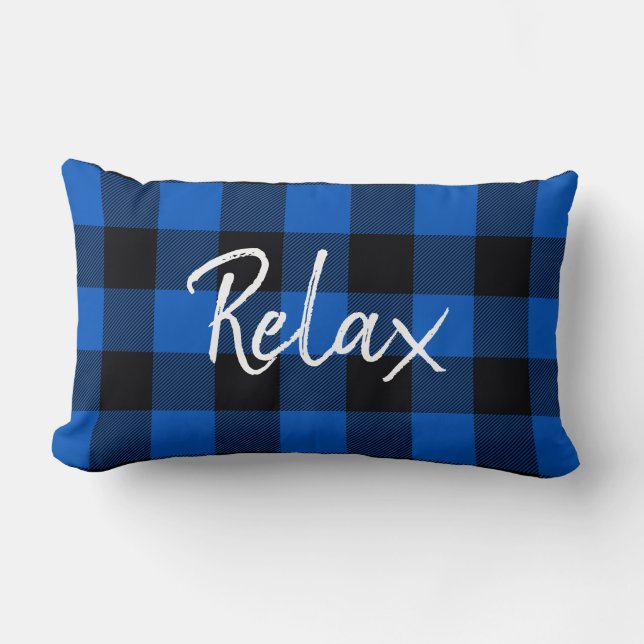 Cojín Lumbar Relax Text on Black and Blue Plaid (Anverso)