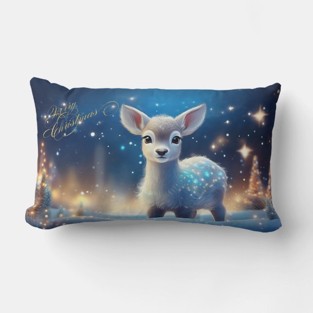 Cojín Lumbar Reno bebé con el saludo de Feliz Navidad (Anverso)