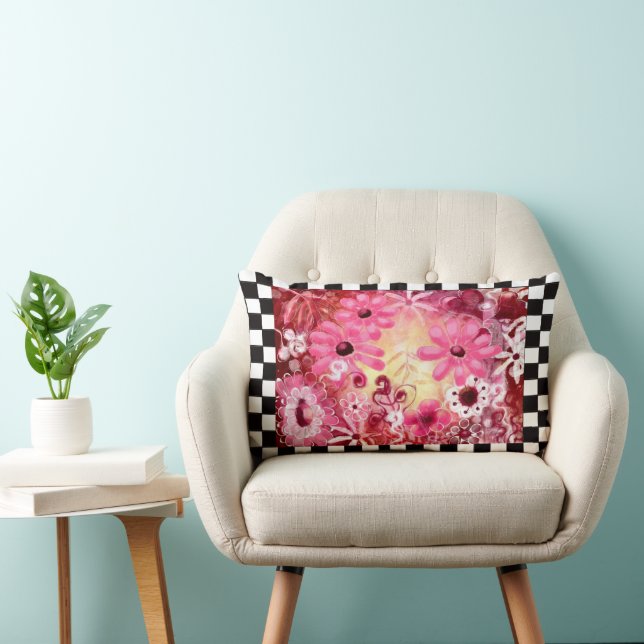 Cojín Lumbar Resumen caprichoso Arte de pintura floral rosa roj (Silla)