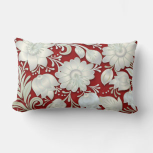 Cojín Lumbar Resumen Ornamento floral blanco sobre fondo rojo