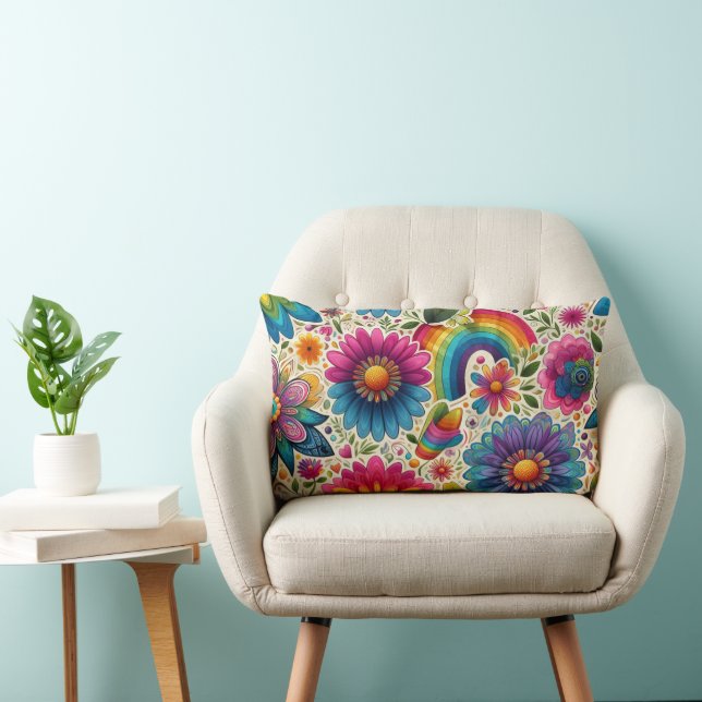 Cojín Lumbar Retro Floral Hippie Arcoíris (Silla)
