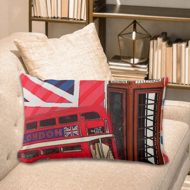 Cojín Lumbar Retro Union Jack London Bus cabina telefónica roja (Retro Union Jack London Bus red telephone booth Lumbar Pillow)