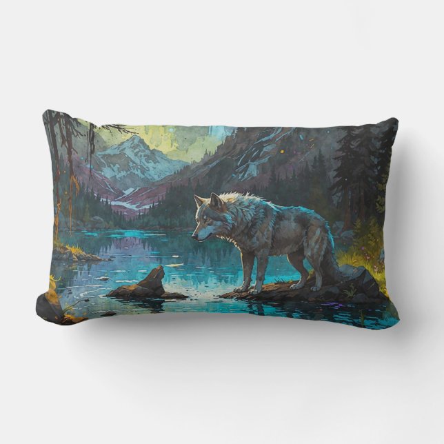 Cojín Lumbar Rocky Mountain Gray Wolf Art (Anverso)