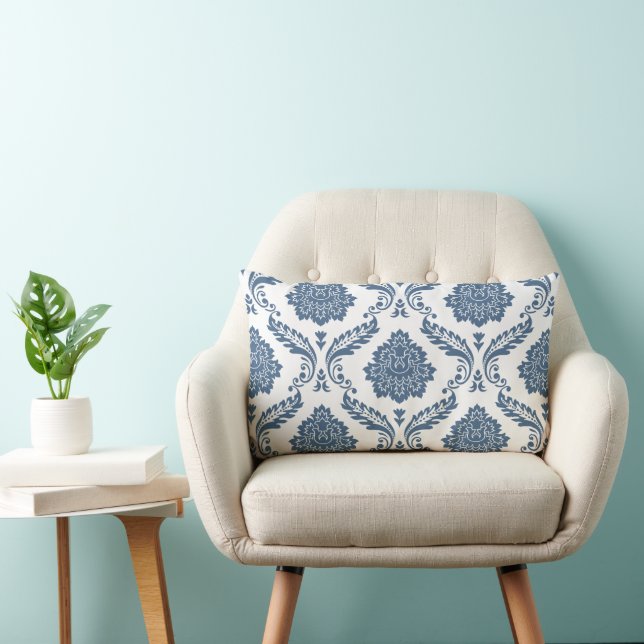 Cojín Lumbar Rococó Damask Gran Patrón Azul sobre Blanco (Silla)