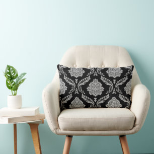 Cojín Lumbar Rococó Damask Patrón Grande Gris sobre Negro
