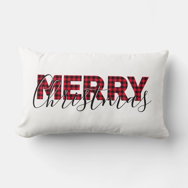 Cojín Lumbar Rojo Buffalo Plaid Elegante Script Feliz Navidad (Anverso)