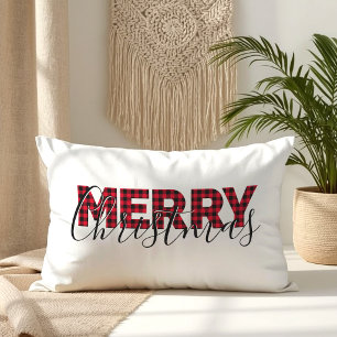 Cojín Lumbar Rojo Buffalo Plaid Elegante Script Feliz Navidad
