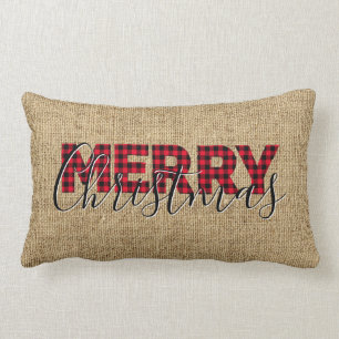 Cojín Lumbar Rojo Buffalo Plaid y Caligrafía Feliz Navidad
