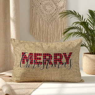 Cojín Lumbar Rojo Buffalo Plaid y Caligrafía Feliz Navidad