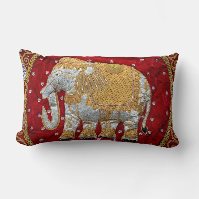 Cojín Lumbar Rojo embellecido y oro del elefante indio (Anverso)