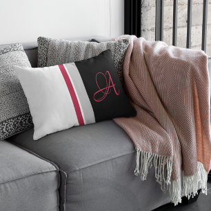 Cojín Lumbar Rojo Magenta Gris Negro con Rayas y Monograma