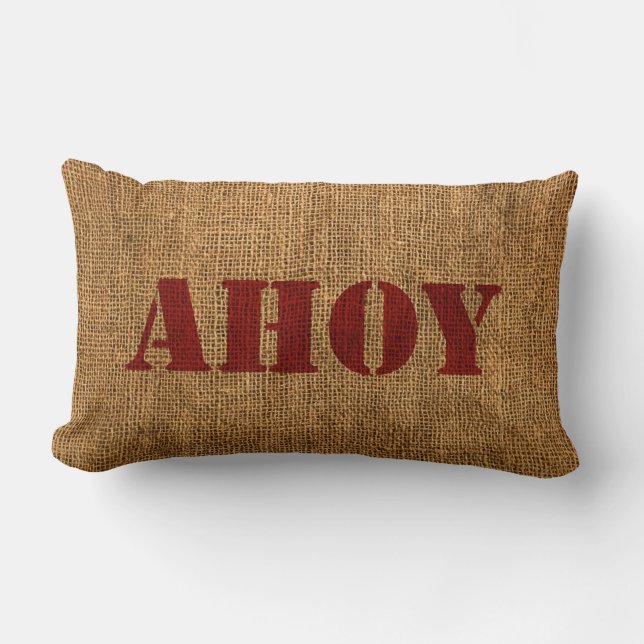 Cojín Lumbar Rojo náutico de la palabra Ahoy (Anverso)