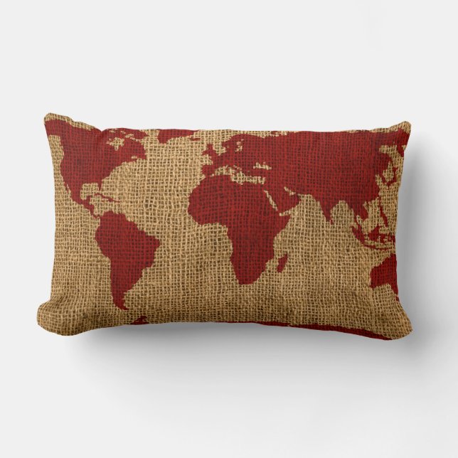 Cojín Lumbar Rojo rústico del mapa del mundo (Anverso)