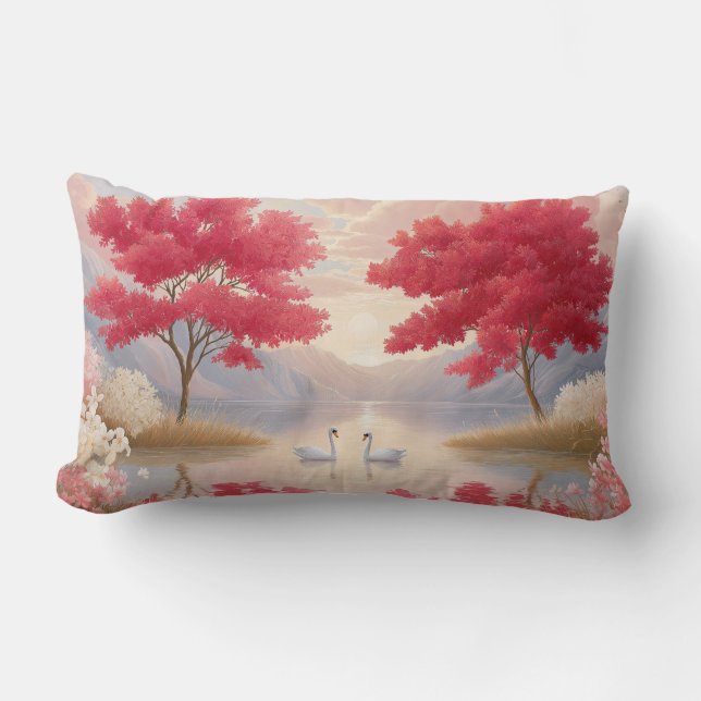 Cojín Lumbar Romantic Swan Lake Pink Blossom Trees Elegant (Anverso)