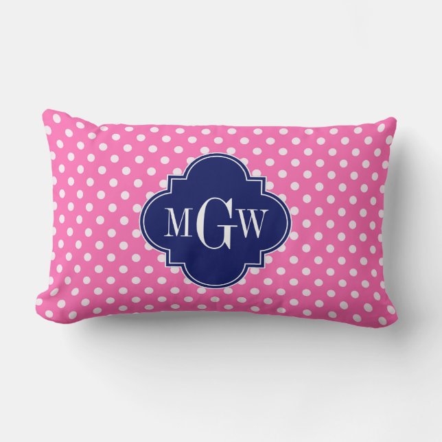 Cojín Lumbar Rosa Caliente Polka Dots Navy Quatrefoil 3 Monogra (Anverso)