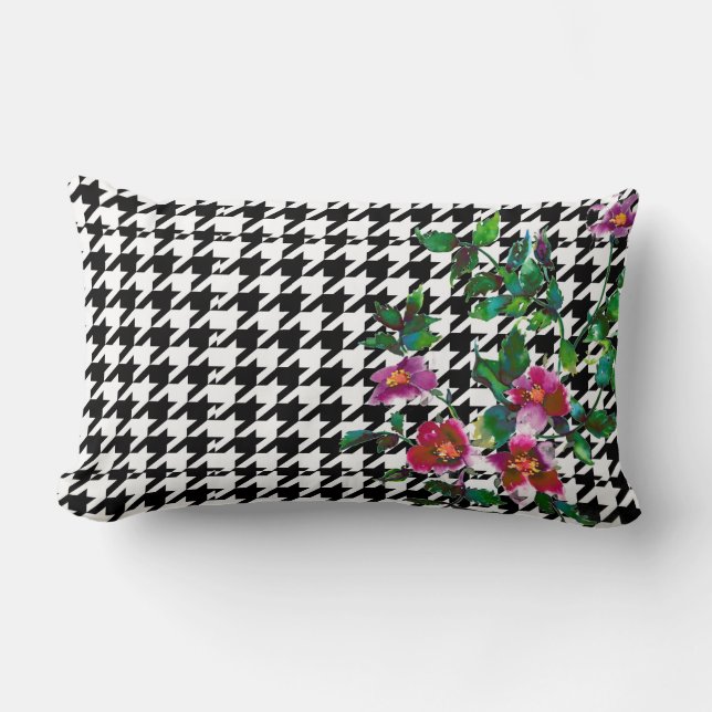 Cojín Lumbar Rosa de cosecha con diente de hound negro y blanco (Anverso)