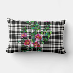 Cojín Lumbar Rosa de cosecha - negro y blanco