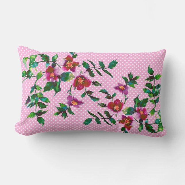 Cojín Lumbar Rosa de cosecha - puntos de polka rosa y blanco (Anverso)