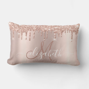 Cojín Lumbar Rosa Elegante Dorado Glitter Monograma Rosa Dorado