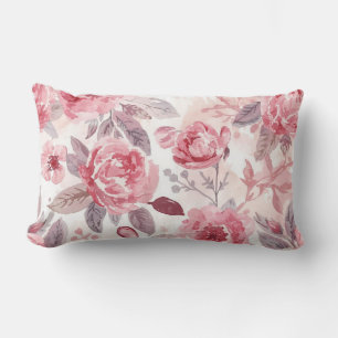 Cojín Lumbar Rosa Peonía Rosa Floral Acuarela Jardín