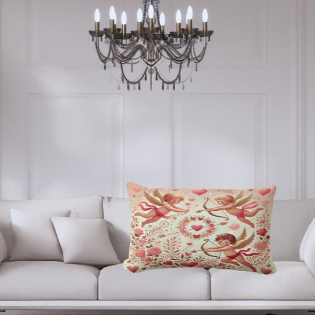 Cojín Lumbar Rosa romántico y cupido dorado (Romantic Pink and Gold Cupid Lumbar Pillow – Add a sweet touch of love to your space.)