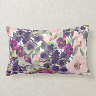 Cojín Lumbar Rosa Rubor Púrpura Aquarela Floral Verde Salvia