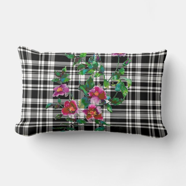 Cojín Lumbar Rosa Vintage - cuadros negros y blancos (Anverso)