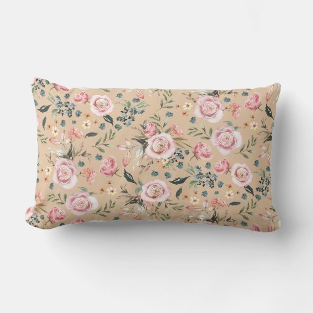 Cojín Lumbar Rosas Acuarela Rubor Impresión floral Lumbar (Anverso)