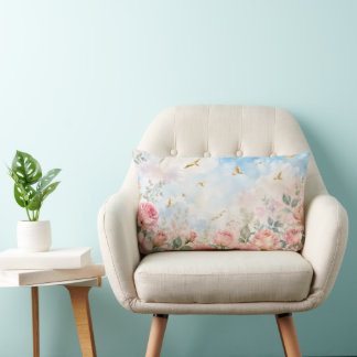 Cojín Lumbar Rosas Acuarela Soñadoras y Flores de Pájaros Dorad