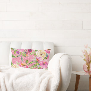 Cojín Lumbar Rosas acuarelas en Purpurina rosa y crema rosada